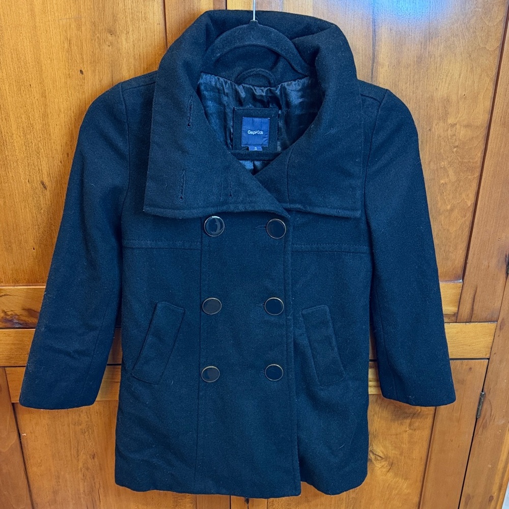 GAP Kids Classic Black Pea Coat with Black & Gold Buttons, Size 8 - Preppy, Chic